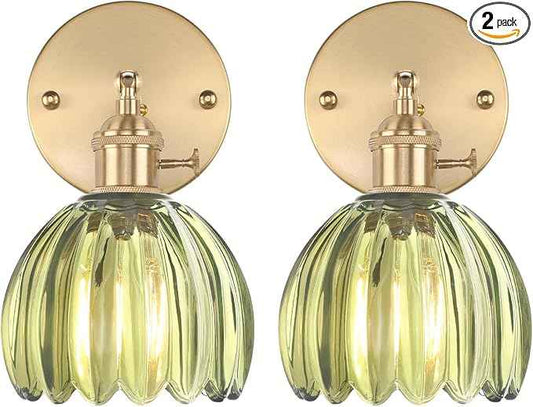 Vintage Wall Sconces Set of 2 with Green Tulip Glass Lampshade 180 Degree Adjustable Brass Sconces Hradwired Modern Wall Lighting Fixture with Switch for Bedside Bedroom Doorway