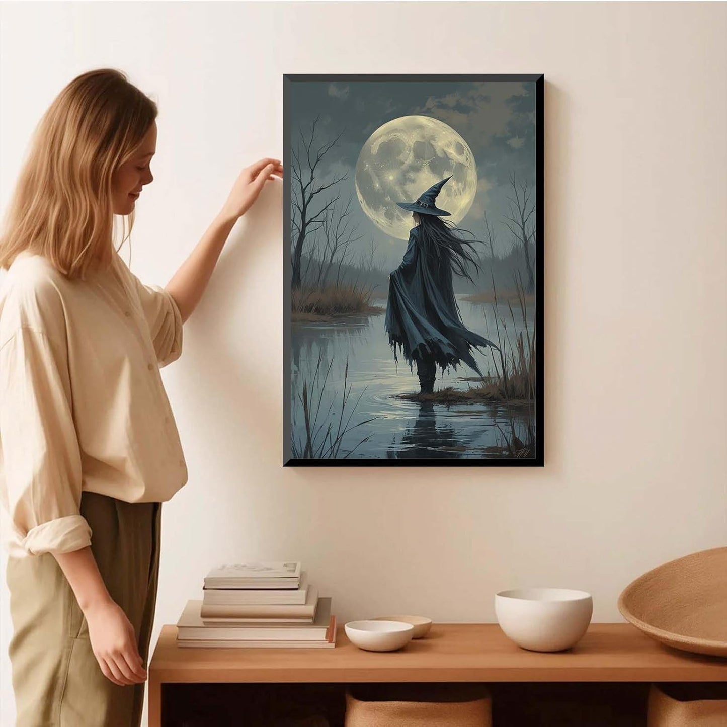 JFHCQJPK Witch in the moonlight magic canvas wall art enchanting Halloween home decor swamp witch silhouette oil painting mysterious gothic aesthetic wall decor print poster24x36in Metal blackFramed