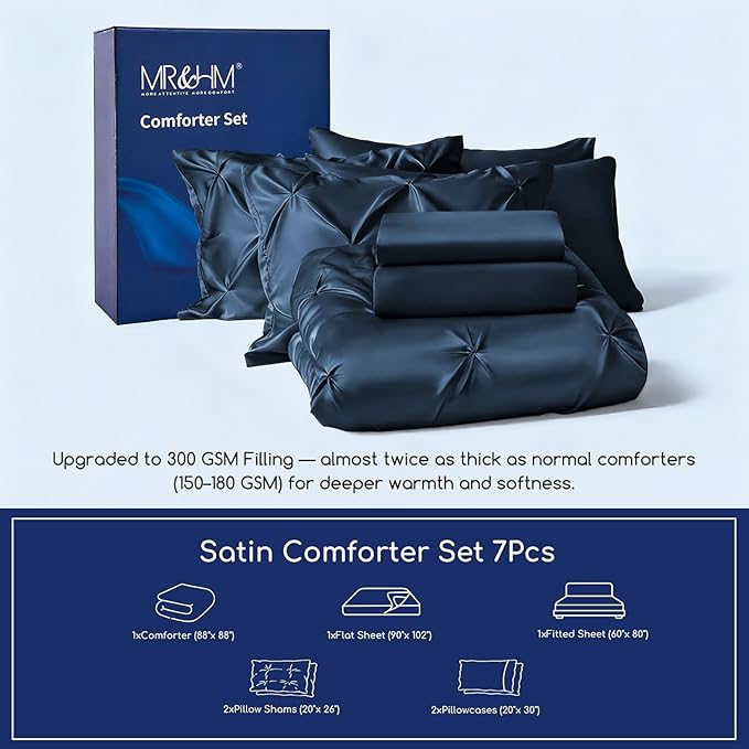 MR&HM Satin Comforter Queen 7 Pieces - Luxurious Pinch Pleat Bedding Set with Comforter, Flat Sheet, Fitted Sheet, Pillowcases & Shams, Super Silky Soft Bed Set for All Season (Queen, Mood Indigo)