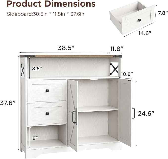 Vabches Farmhouse Buffet Sideboard Cabinet with Drawers and Open Shelf, 38.5" Storage Cabinet with Adjustable Shelves and Door, Modern Coffee Bar Hutch Pantry for Kitchen, Living Room, Entryway, White