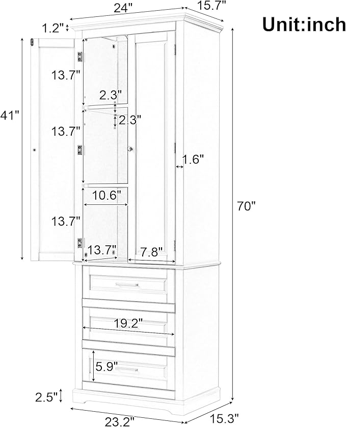 62.2" Wide Storage Cabinet Pantry Cupboard with Doors and Drawers for Home Kitchen, Bathroom and Living Room, Adjustable Shelf, White