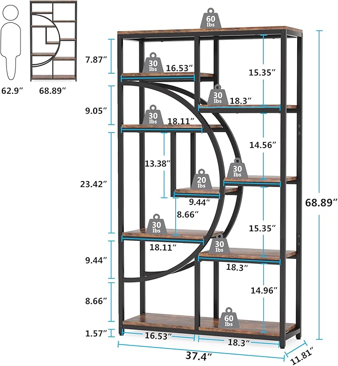 Tribesigns Bookshelf, Industrial 5 Tier Etagere Bookcase, Freestanding Tall Bookshelves Display Shelf Storage Organizer with 9-Open Storage Shelf for Living Room, Bedroom