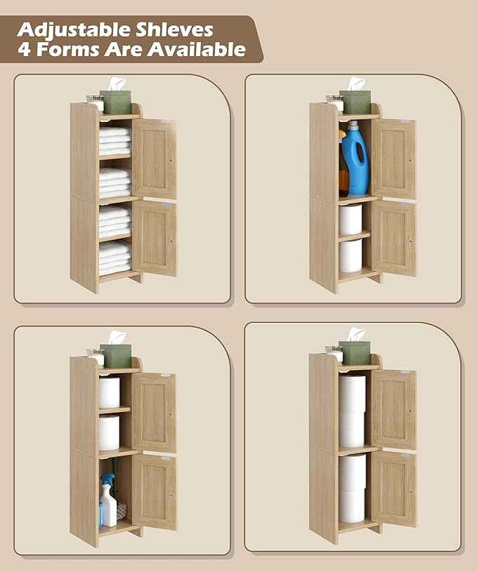 Rattan Small Bathroom Cabinet with 2 Doors, 7.9''D x 7.9''W Narrow Toilet Paper Storage Cabinet, Bathroom Organizer for Small Spaces, Wooden Slim Corner Unit with Adjustable Shelf, Natural Oak
