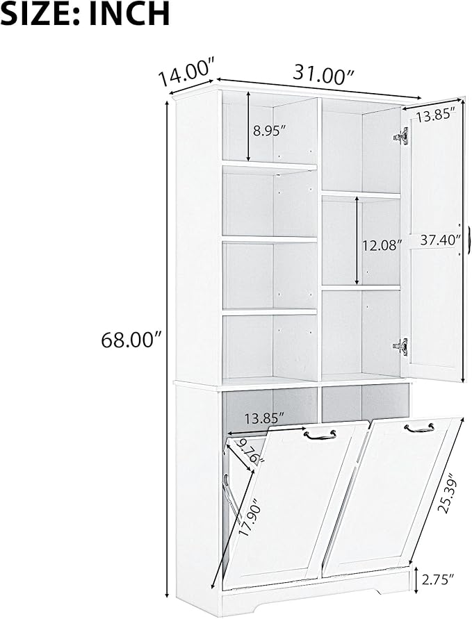 68" Tall Bathroom Storage Cabinet with Two Doors and Two Laundry Hampers for Home Display Organizer, Adjustable Shelf, Black
