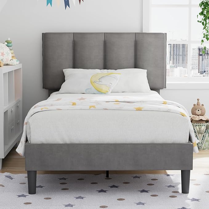 VECELO Twin Size Bed Frame with Upholstered Headboard, Heavy-Duty Bedframe with Wooden Slats & Steel Framework, Easy Assembly, Dark Grey