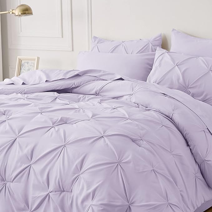 Bedsure Twin XL Comforter Set - Extra Long 5 Pieces Dorm Bedding Sets, GentleSoft™ Pinch Pleat Light Purple Bed in a Bag with Pintuck Comforter, Sheets, Pillowcase & Sham