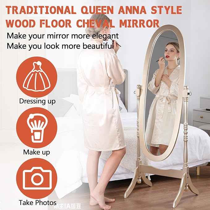 Full Length Mirror with Stand, Swivel Adjustable Oval Wood Cheval Floor Mirror, Dressing Cheval Mirror for Bedroom Livingroom, Interior Gift Idea (Gold)