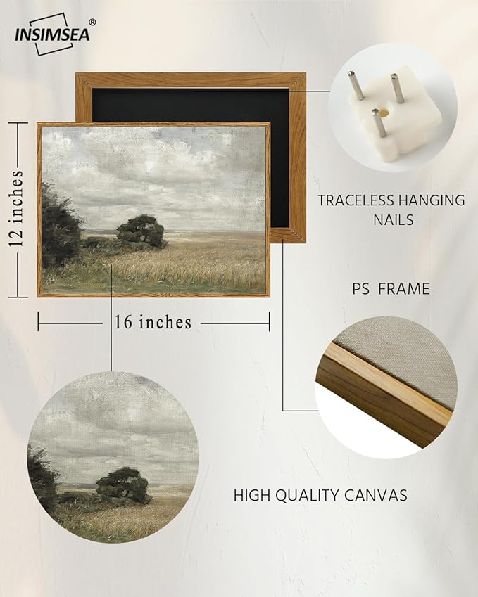 InSimSea Framed Canvas Wall Art Vintage Decor, Landscape Wall Art Prints, Vast Field Cloudy Sky Wall Print, Mid Century Modern Decor, Rustic Retro Farmhouse Bedroom Picture, 12"x16"