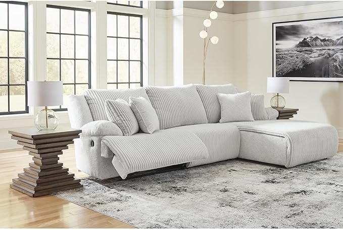 Signature Design by Ashley Top Tier Casual Manual Reclining Right-Arm Facing 3-Piece Sectional Sofa Chaise with 4 Accent Pillows, Light Gray