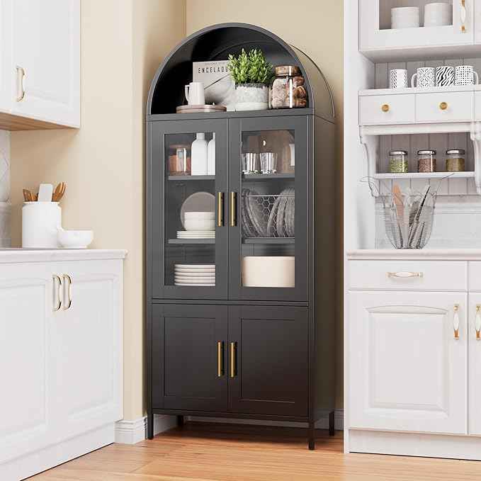 Metal Arched Bookcase Cabinet with 4 Doors,Arched Kitchen Pantry Cabinet for Home Office Living Room,Required Assembly,Black