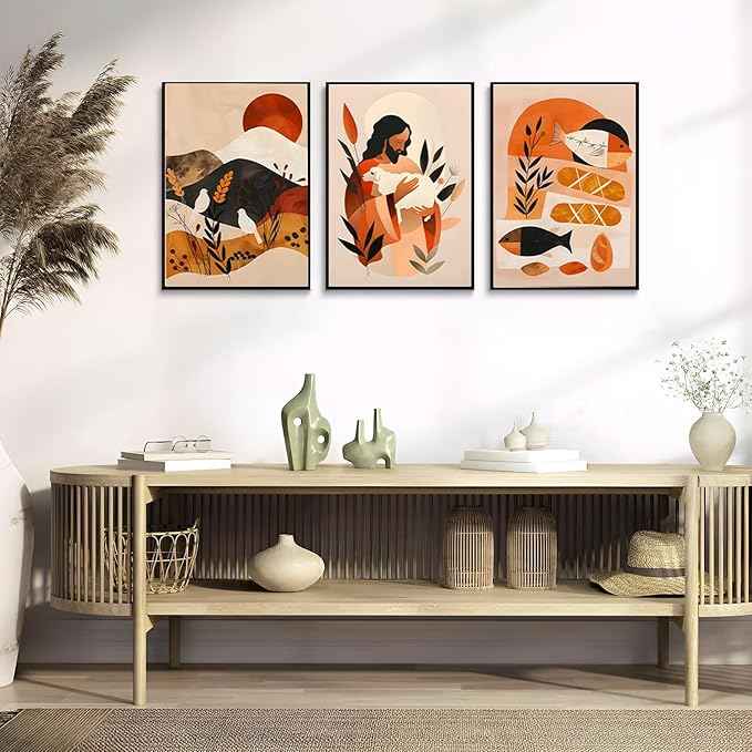 3Pcs Jesus Canvas Wall Art Boho Retro Art Home Posters Prints Jesus Feeds The 5000 Christian Abstract Pictures Wall Decor for Living Room Bedroom Church Decoration Unframed