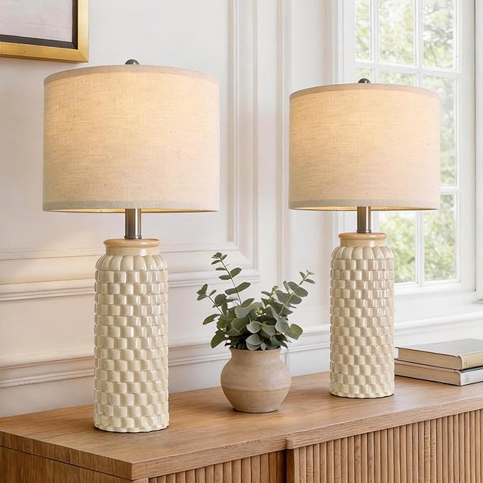 24" Modern Ceramic Bedside Lamp Set of 2 for Bedroom Decor Farmhouse Table Lamp for Living Room Office Dorm