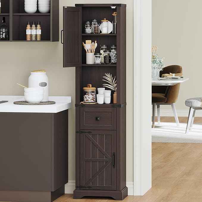 66" Tall Farmhouse Bathroom Storage Cabinet with Barn Doors and Drawer, Narrow Storage Unit, Adjustable Shelves & 5-Tier Space, Freestanding Cabinet for Bathroom, Entryway, Kitchen, Espresso