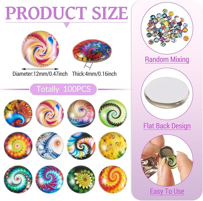 100Pcs Printed Glass Cabochons for Jewelry Making, Vortex Printed Half Round Cameo Dome Tiles Flatback Dome Cabochons for Photo Cameo Pendant Scrapbooking DIY Crafts