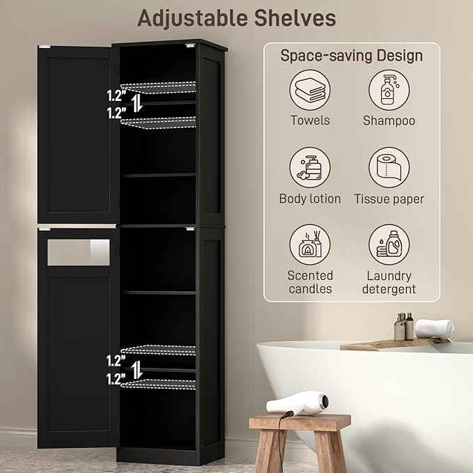 Vabches Tall Bathroom Cabinet, Slim Bathroom Storage Cabinet with Adjustable Shelves and 2 Doors, Narrow Floor Storage Cabinet for Bathrooms, Kitchen, Living Room, Black