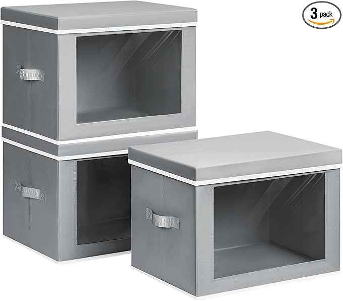 Storage Bins with Lids, 3 Pack Large Storage Cubes with Window, Closet Bins with Lids & Handles, Fabric Box for Organizing Clothes, Towels, Books, Grey