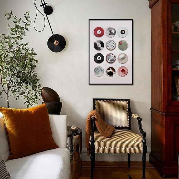 Colorful Vintage Disco Ball Canvas Wall Art, Retro 8 Ball Lucky 7 Ball Poster, Trendy Music Record Paiting, Funky Aesthetic Moon Coffee Cup Prints For Apartment Dorm wall Decor 12X16in Black Framed