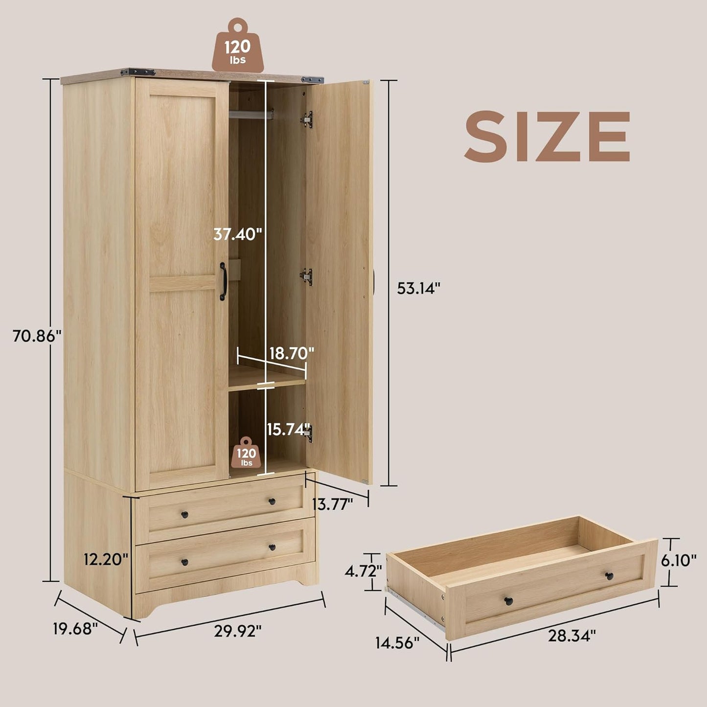 Brafab Wooden Armoire Wardrobe Closet with 2 Modern Doors, 71" Tall Freestanding Closet Wardrobe Cabinet with Drawers and Hanging Rail, Storage Cabinet with Shelve for Bedroom (Natural, 2 Doors) - Décor Diaries