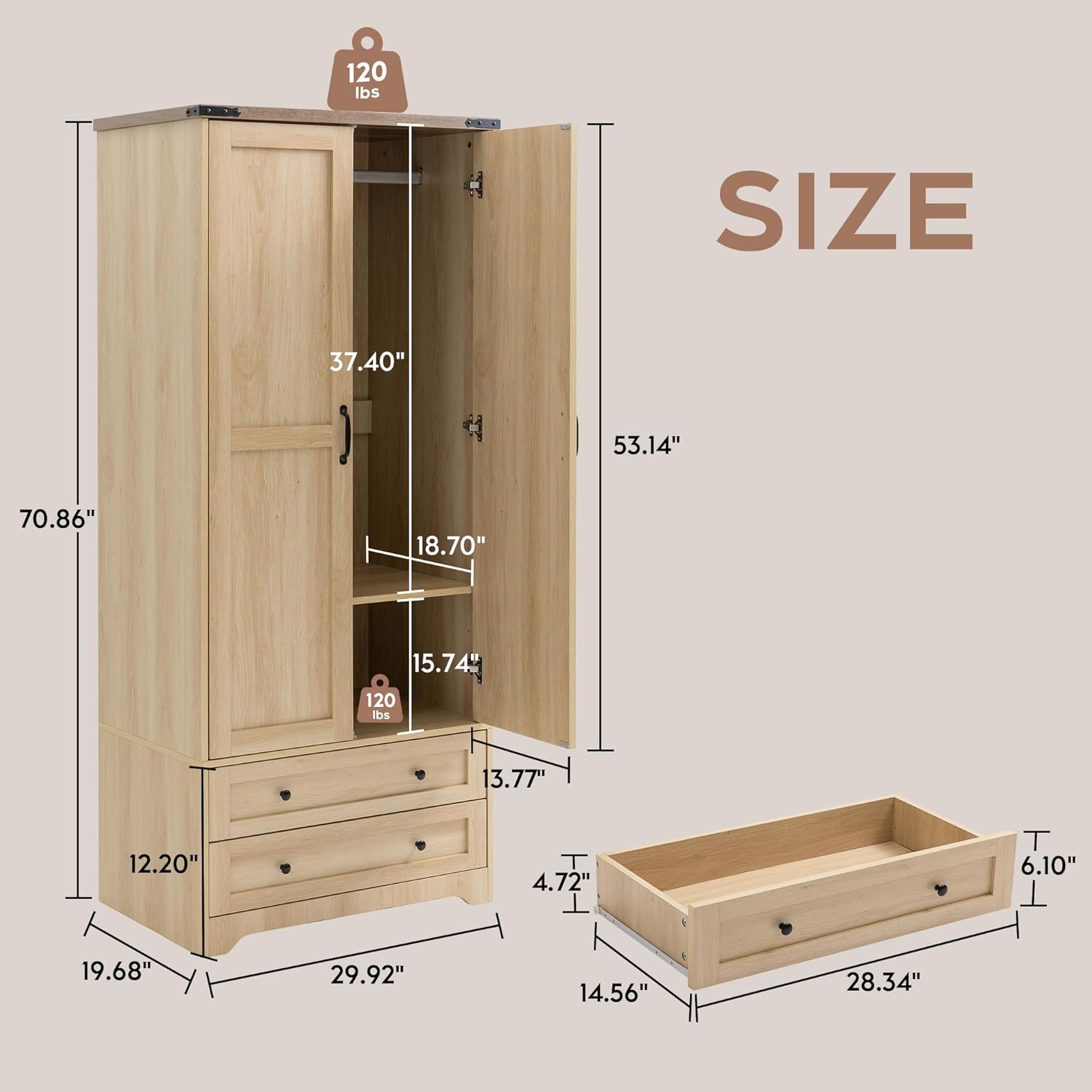 Brafab Wooden Armoire Wardrobe Closet with 2 Modern Doors, 71" Tall Freestanding Closet Wardrobe Cabinet with Drawers and Hanging Rail, Storage Cabinet with Shelve for Bedroom (Natural, 2 Doors) - Décor Diaries