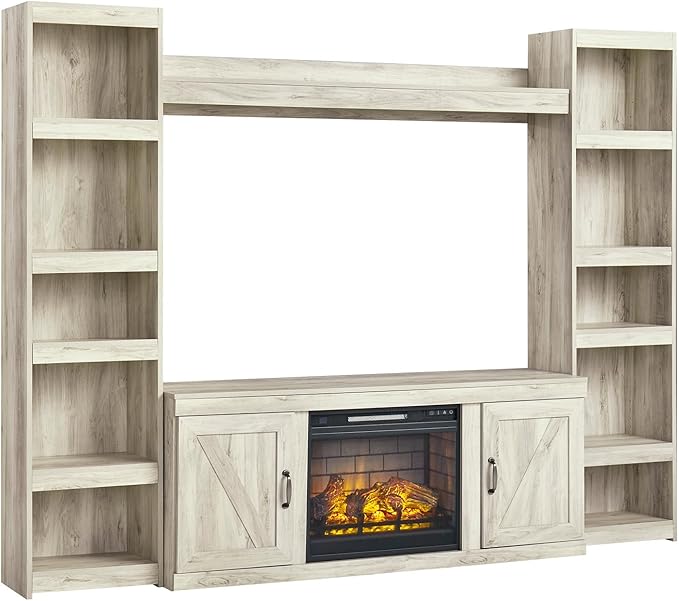 Signature Design by Ashley Bellaby Farmhouse 4-Piece Entertainment Center for TVs up to 69" with Electric Fireplace, Whitewash