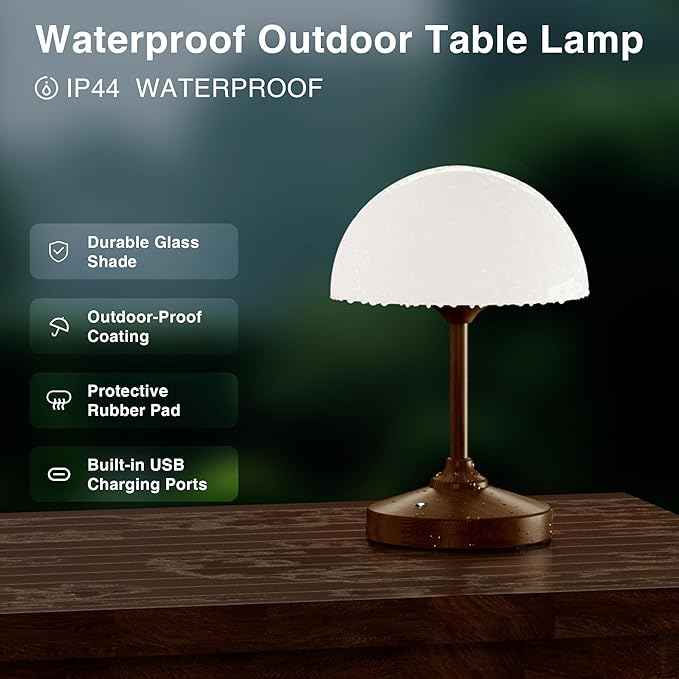 Mushroom Lamp Cordless Lamp Table Lamp,Outdoor Waterproof Shower Lamps,5000mAh Rechargeble Battery Operated Dimmable Touch Desk Lamps,LED Night Light for Bathroom Patio Camping Outdoor/Walnut