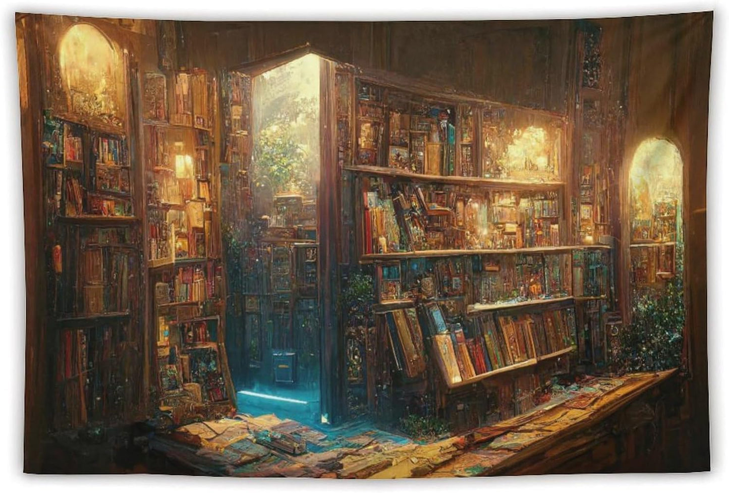 Kurtect Bookshelf Tapestry,Vintage Style Library Watercolor Art Theme Pattern Print Tapestries for Party Beach Picnic Blankets Tablecloths Living Room Wall Deocr, 60x90 in