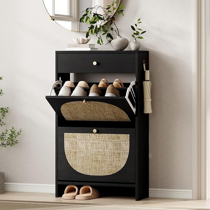 Nicetree Shoe Cabinet for Entryway, Slim Shoe Rack with 2 Flip Drawers and Top Storage Drawer, Narrow Shoe Organizer with Printed Rattan-Look Design, Entryway Shoe Storage for Size 12 Shoes, Black