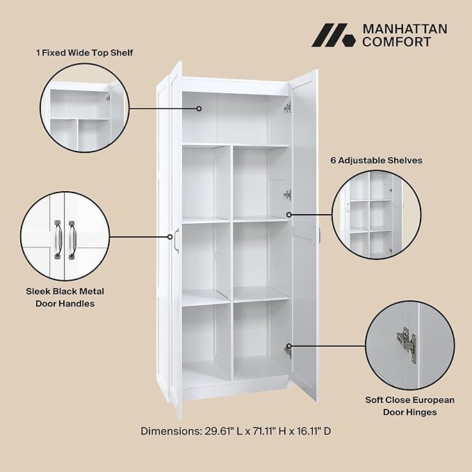 Manhattan Comfort Cornelia Modern Tall Storage Cabinet with Doors and Adjustable Shelves 1.0 - Freestanding Pantry Organizer for Kitchen, Laundry Room, Garage, or Mudroom, Set of 1, White
