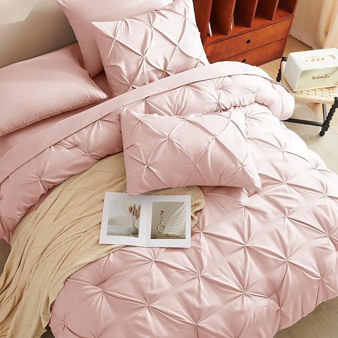CozyLux Twin XL Comforter Set Blush Pink, 5 Pieces Twin Extra Long Pintuck Bed in A Bag for College Dorm, Pinch Pleat Bedding Set with Comforter, Sheets, Pillowcase & Sham
