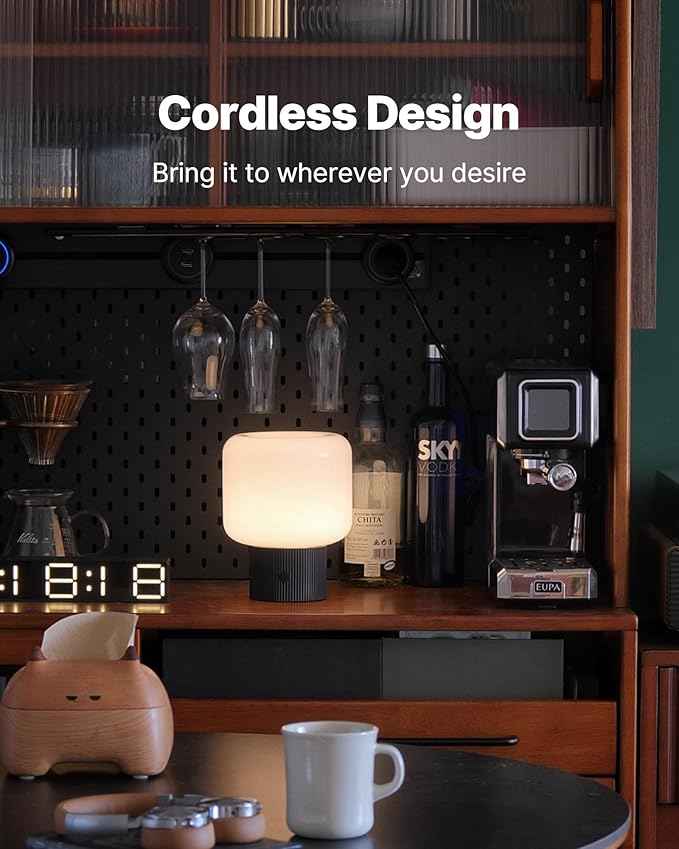 Halo Mushroom Lamp, 5W Cute Cordless Rechargeable Table Lamp with Glass Shade, 3 Color Temps LED Dimmable Ambient Lighting, Small Retro Touch Bedside Light for Bedroom Decor, Black