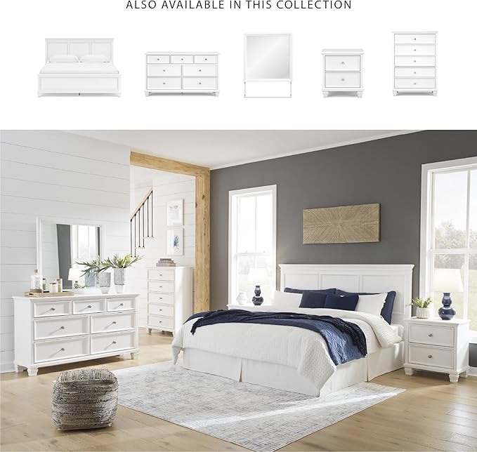 Signature Design by Ashley Fortman Casual Dresser and Mirror, Tapered Feet, 7 Storage Drawers, Round Satin Nickel Metal Knobs, Wood, 74.13" High, White