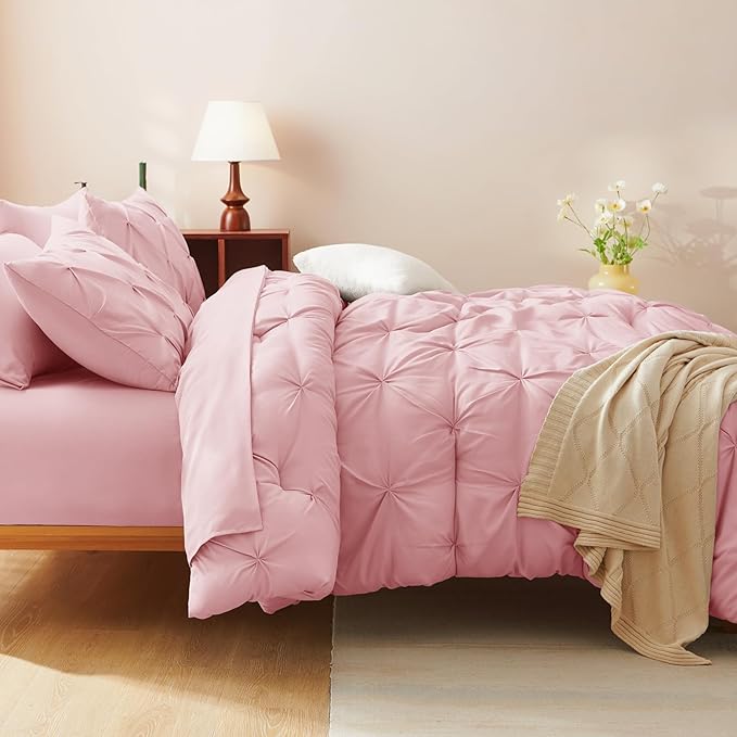 CozyLux Queen Comforter Set Pink, 7 Pieces Pintuck Bed in A Bag, Premium Pink Comforter Queen Size, Pinch Pleat Bedding Sets with Comforter, Sheets, Pillowcases & Shams