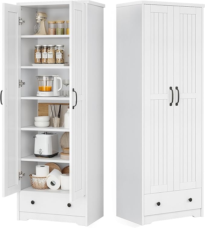 70" Tall Storage Cabinets, Large Wood Storage Pantry Cabinet with 6 Adjustable Shelves, Drawer & 2 Striped Doors, Standing Utility Cabinet for Kitchen, Dining Room, Bathroom (White)
