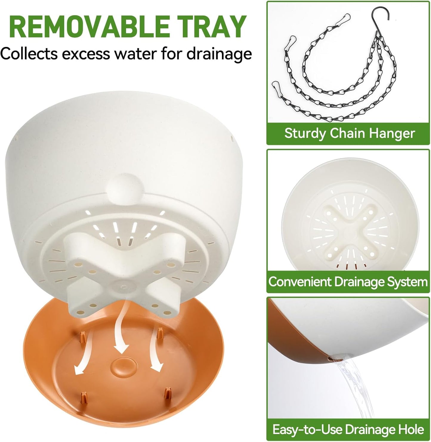 10 Inch Hanging Planters for Indoor & Outdoor Plants (2 Pack) - Self-Watering & Drainage Flower Pots with 2 Kinds of Plant Hangers for Home Decor & Garden (White, 10 in)