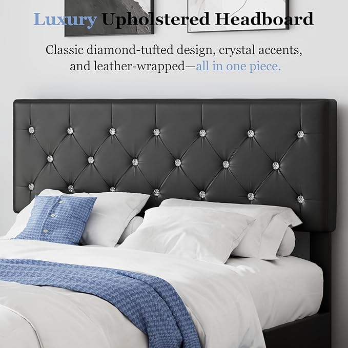 VECELO Full Size Bed Frame with 3 Storage Drawers, Leather Upholstered with Diamond Tufted Headboard, Solid Wood Slat Support, No Box Spring Needed, PU Black