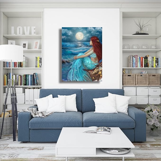 SDYA Aesthetic Wall Art for Living Room Bedroom Wall Decor Blue Canvas Prints Moon Night Artwork 24"x 36" Girls Room Decor