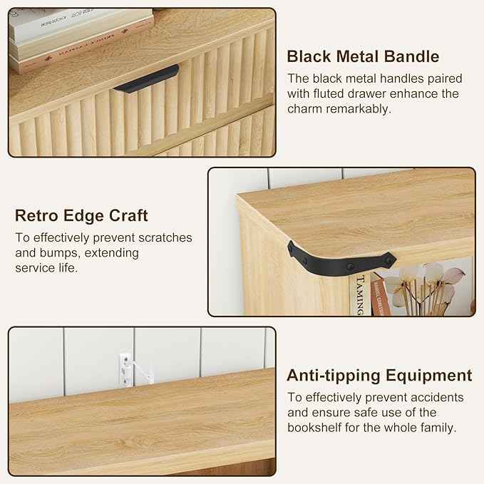 Fluted Bookcase with Doors and Drawer, Modern Farmhouse 70.47'' Tall Narrow Bookshelf with Storage, Wooden Floor Standing 6 Shelf Display Book Shelf Organizer for Home Office, Living Room, Oak