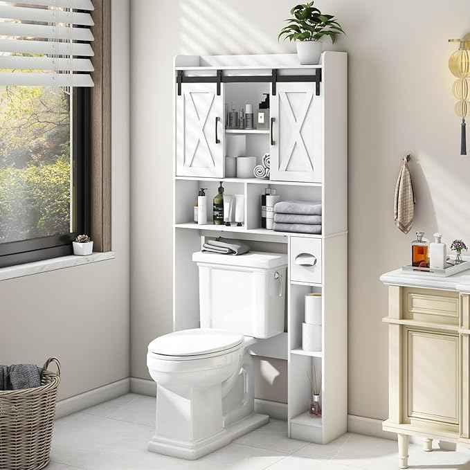 Vabches Over The Toilet Storage Cabinet, Farmhouse Storage Cabinet Over Toilet with Sliding Doors，Home Space-Saving Toilet Rack, for Bathroom, Restroom, Laundry
