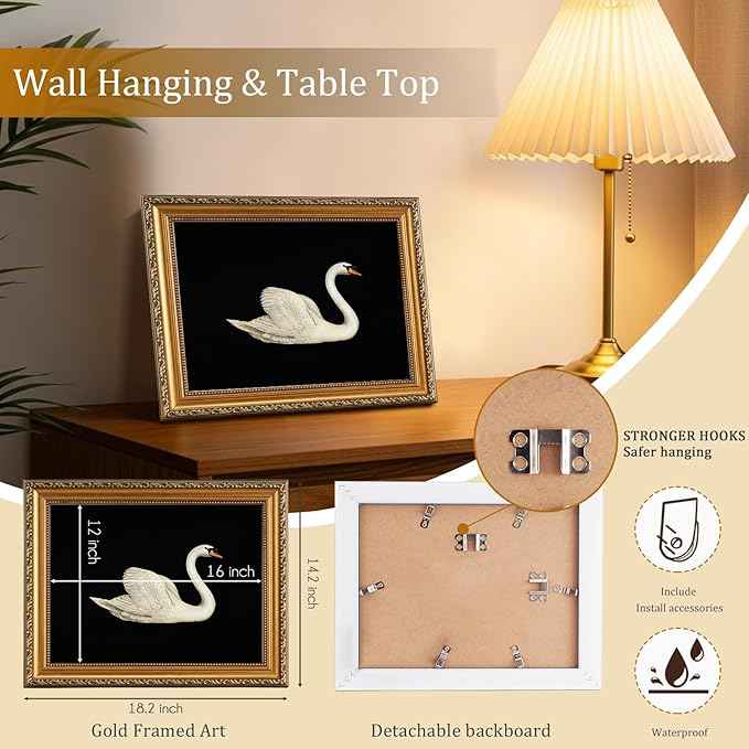 uniro Vintage Gold Framed Wall Art for Home Decor, Retro Swan Decor Animal Oil Painting Bathroom Wall Decor, Classic White Swan Vintage Art Prints, Minimalist Swan Aesthetic Picture for Nursery Bedroom Bathroom Office Desktop decor- 12x16Inch