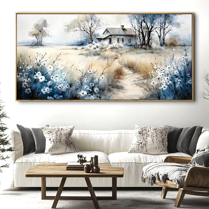 Watercolor Landscape Art Wall Art - Framed Modern Canvas Painting for Living Room, Bedroom Home Office Decor, 48x24 Inch Ready to Hang