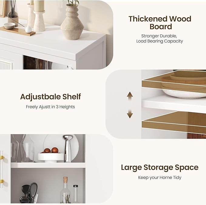 55'' Buffet Cabinet with Storage, Modern Fluted Door Design Sideboard Buffet Cabinet with Storage and Adjustable Shelf, Coffee Bar Station for Kitchen, Dining Room, Pure White