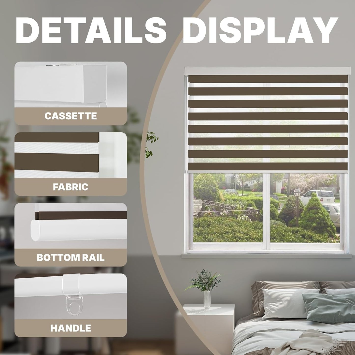 HESTIA Cordless Zebra Blinds Light Filtering Roller Shades UV Blocking Blackout Privacy Indoor Window Shades for Home Office Day and Night, Brown,30" W x 60" H