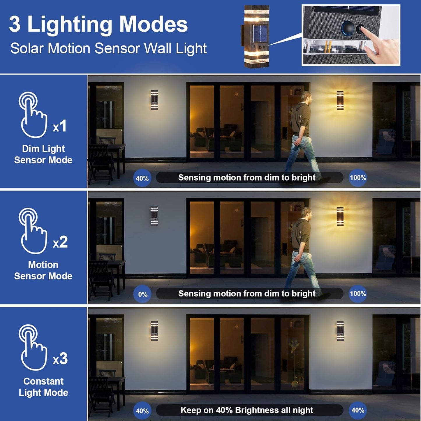 2 Pack Solar Outdoor Wall Lights with 3-Mode Motion Sensor Outside Sconces Up Down Solar Porch Light Fixtures 3000K 500LM Dusk to Dawn Modern Exterior Wall Lamp for House Garage Front Door