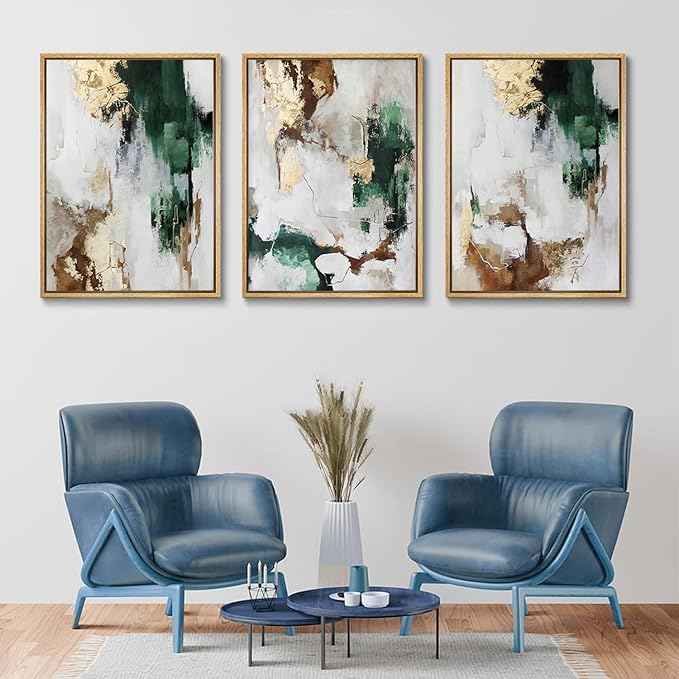 3Pcs Green and Gold Canvas Wall Art Abstract Posters Print Brown Abstract And Gray Line Pictures Decor for Living Room Bedroom Bathroom Home Decoration Unframed
