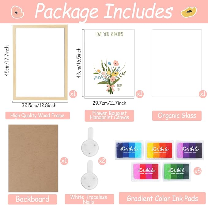 QOUBAI Colorful Flower Bouquet Handprint Art Craft DIY Kit Mother's Day Gifts From Daughter or Son Fun Family Handprint Keepsake with Wood Frame for Mom Grandma Birthday Christmas 12x16 Inch