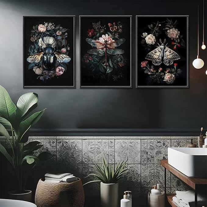 Dark Botanical Insect Canvas Wall Art Gothic Insect And Botanical Posters Prints Dark Academia Moody Floral Cottagecore Art Painting Vintage Dragonfly Beetle Moth Pictures Wall Decor Unframed