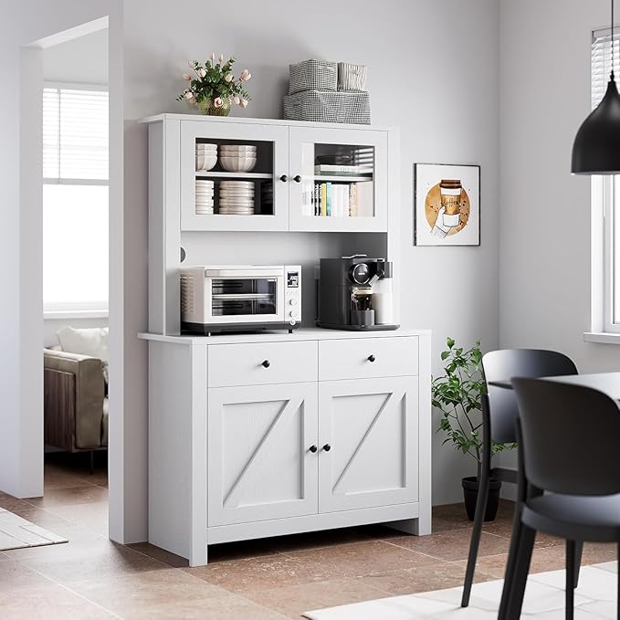 GarveeHome Kitchen Pantry Cabinet with Microwave Stand, Freestanding Hutch Cabinet with Buffet Cupboard, Tall Kitchen Cabinets with Adjustable Shelves for Dining Room, White