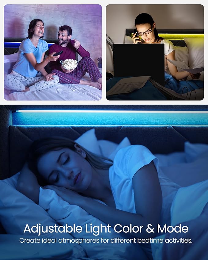 VASAGLE LED Bed Frame Queen Size, Queen Bed with Headboard and 4 Drawers, 1 USB Port and 1 Type C Port, Adjustable Upholstered Headboard 36.7/39.3 Inches, No Box Spring Needed, Dark Gray URMB821G71