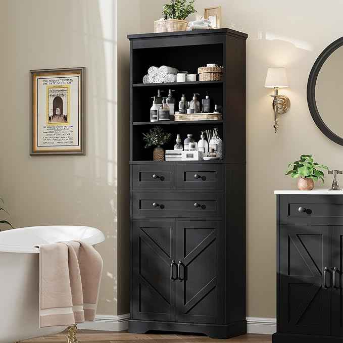 Vabches Farmhouse Bathroom Cabinet, 70" Tall Bathroom Storage Cabinet with 3 Drawers, Adjustable Shelves & Doors, 3 Tier Wood Cabinets for Bathroom, Living Room, Kitchen, Rustic Black