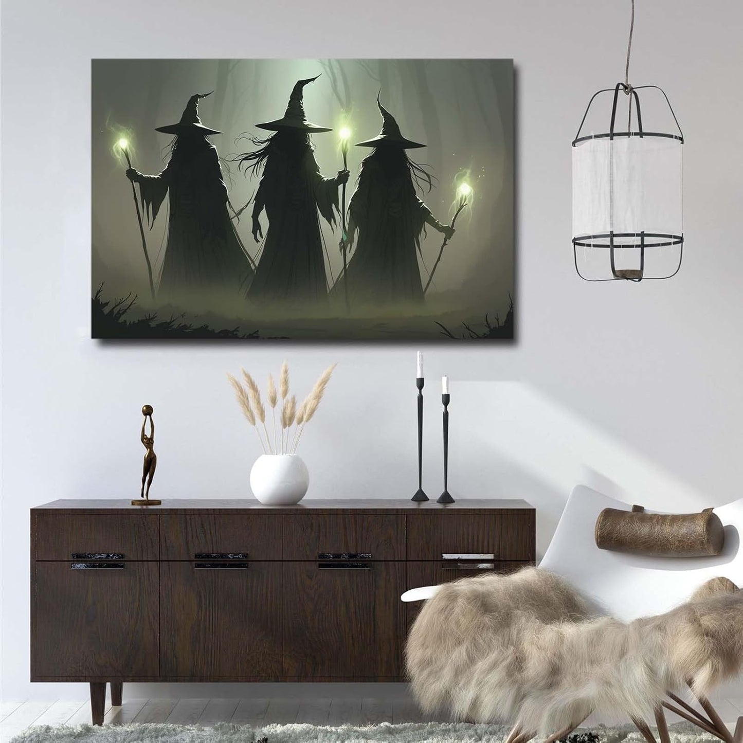 Vintage 3 witches canvas wall decor melancholy dark Halloween poster wall decor holding a staff print Gothic horror Halloween painting print for living room bedroom24x36in Wood Framed